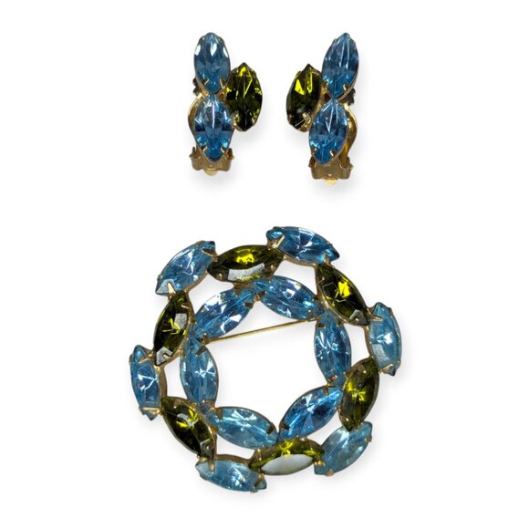 Vintage Mid Century Clip-On Earring & Brooch Blue & Green Jem Set - Picture 1 of 11